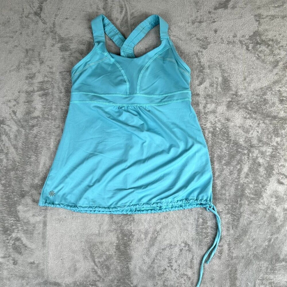 Athleta Horizon Tank Medium Teal Activewear Built in Bra Top Yoga Drawstring